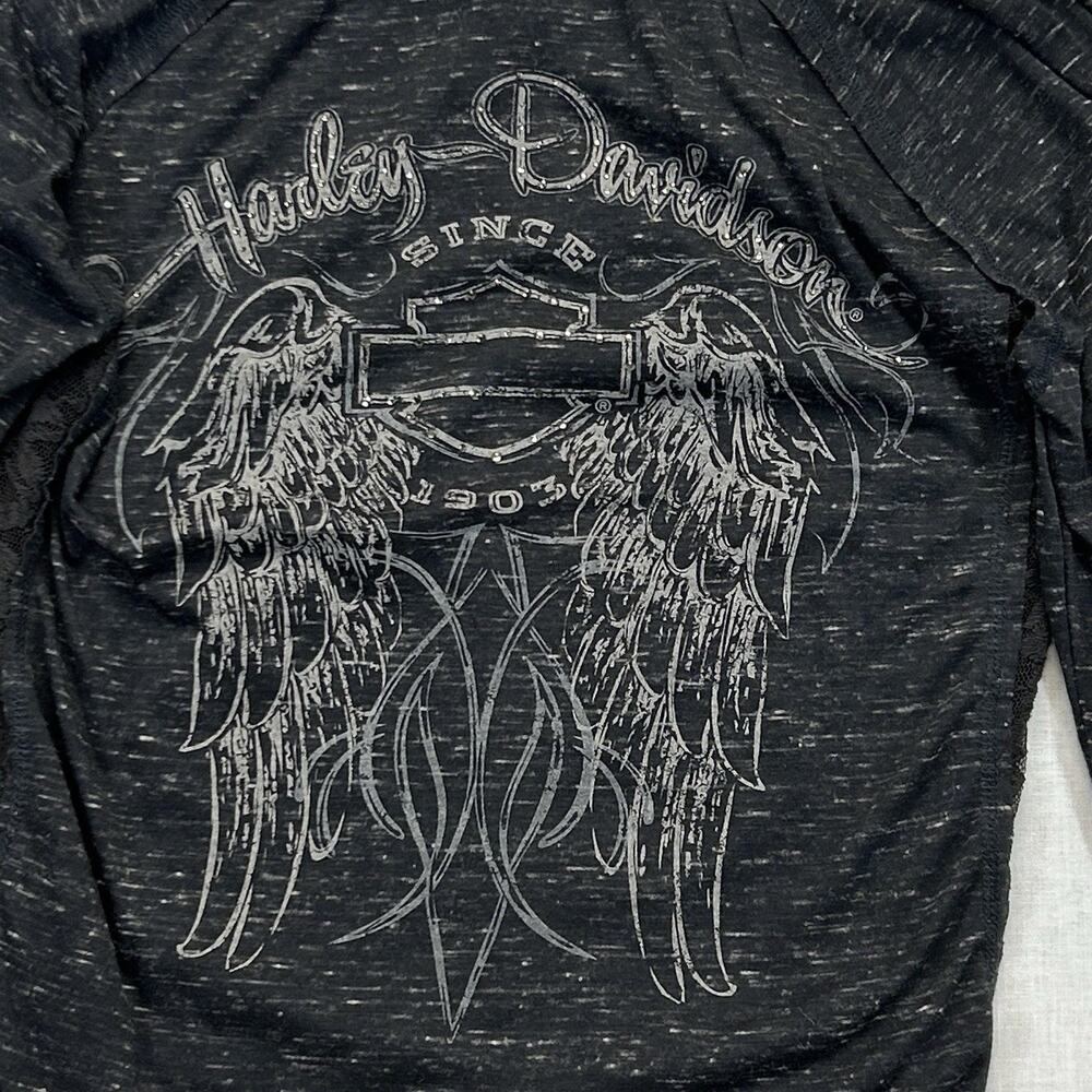 Harley-Davidson NEW Lace Accent Hooded Henley Shirt Women's Large Gray Black Top - Picture 6 of 10
